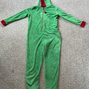 Women’s Large PJ Essentials Zippered Green Onesie With Hood Outlined In Red